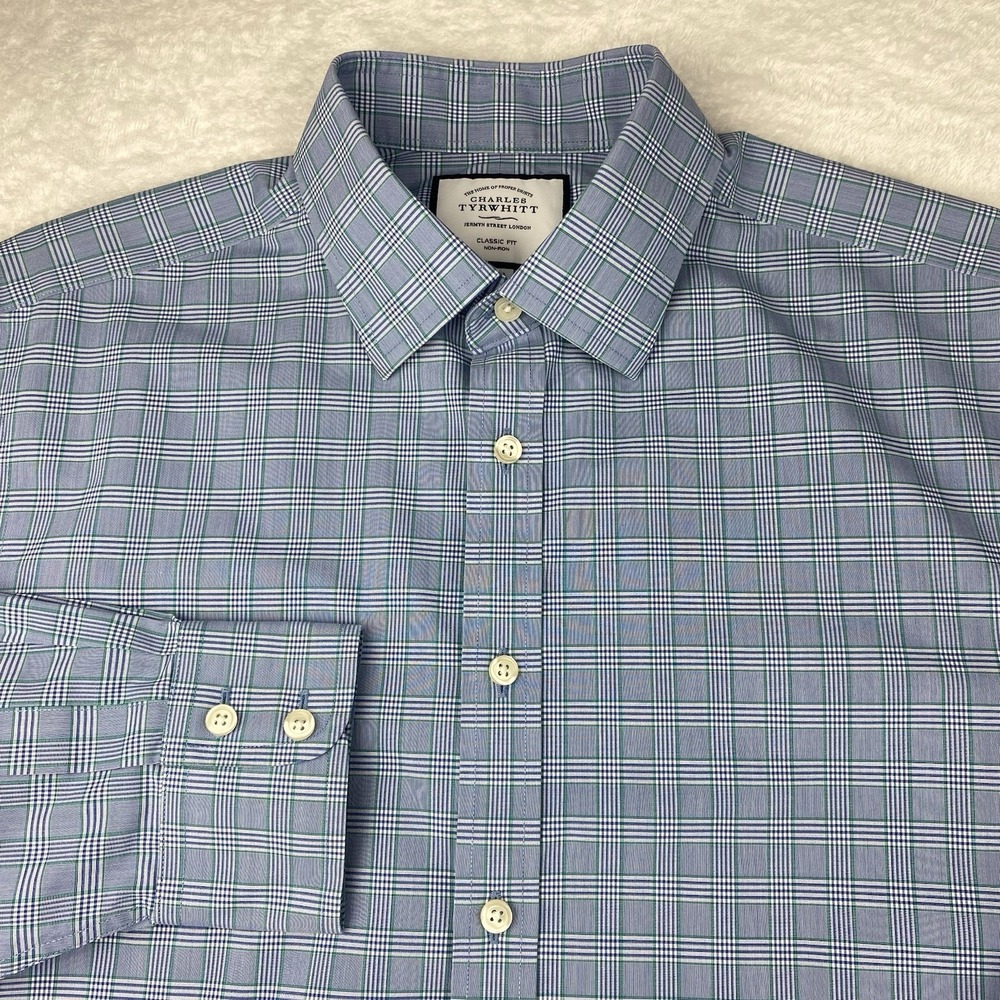 Charles Tyrwhitt Dress Shirt Mens 16-33 Blue Green Check Classic Fit No Iron